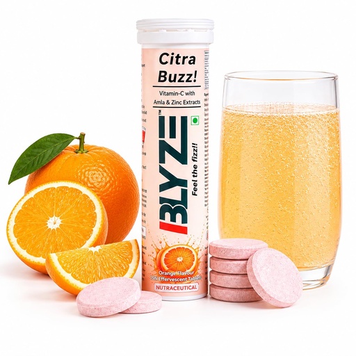 [BRSRGFAHBMPAKCAY] BLYZE Citra Fizz Vitamin C Effervescent Tablets with Natural Amla Extract and Zinc for Daily Immunity, Helps Boost and Strengthen Collagen for Healthy Skin, Hair and Nails – Orange Flavour, 20 Tablets