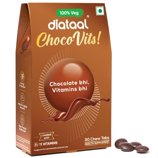 [BRSRGZQNPMFG2HIU] Diataal ChocoVits Veg, Chewable Multivitamin | 30 Chocolaty Tabs with 11 Essential Vitamins | Power of B-complex vitamins, B12, D3, Nicotinamide, Vitamin A, C & E for Energy | Immunity | Healthy Skin.