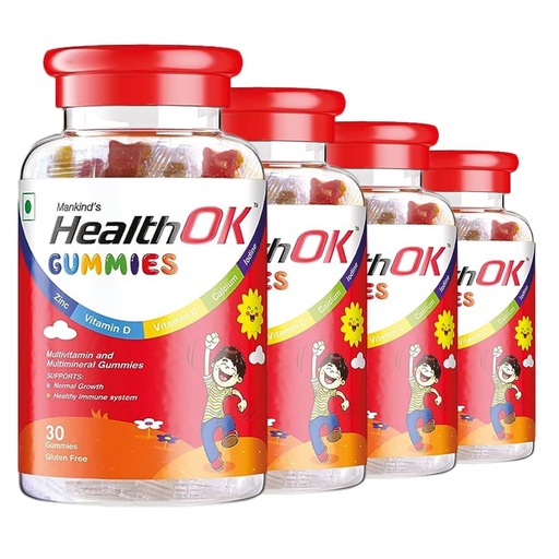 [BRSRMAIHCEDWM3DU] Health Ok Mankind Gummies, Multivitamin and Multimineral for Kids, Supports Normal Growth, Healthy Immune system and Brain Function, for 7-17-year-old, Bottle of 30 Gummies x Pack of 4