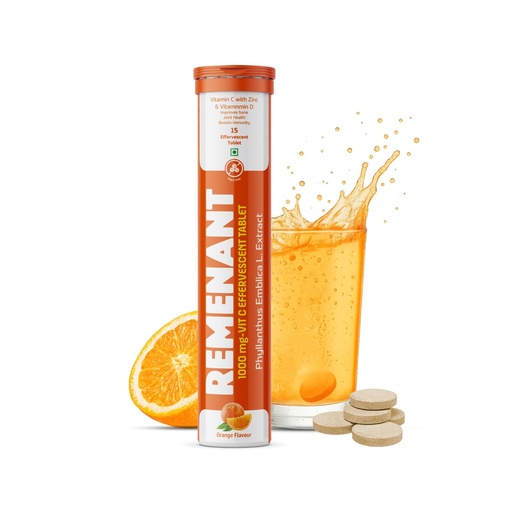 [BRSRYYYFCMPQA2QY] REMENANT 1000 mg Vitamin C Effervescent Tablets with Zinc & Vitamin D – Phyllanthus Emblica Extract, Orange Flavour, 15 Tablets