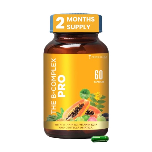 [BRSROGI2OICWO2YV] Zeroharm B-Complex Pro with Vitamin D3 & K2-7 | Vitamin B-Complex With B1, B2, B3, B5, B6, B9 & Vit B12 | Plant-Based Supplement | Supports Energy & Immunity For Men and Women | 60 Veg Capsules