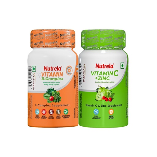 [BRSRYYDQDF7WCYA2] Nutrela Vitamin B-Complex (30 Capsules) and Vitamin C + Zinc (60 Capsules) Combo Pack