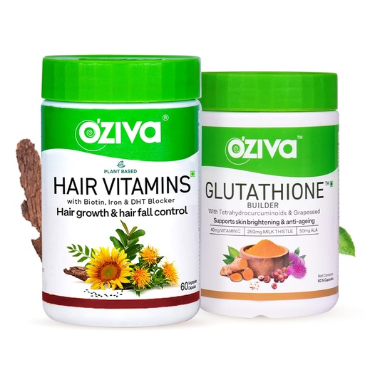 [BRSREZIFDECWECTG] OZiva Hair Vitamin Capsules for Hair Growth & Hair Fall Control,100% Natural with Biotin, Iron, 60 Capsules and OZiva Plant Based Glutathione Builder for Skin Glow & Anti-Ageing 60 cap