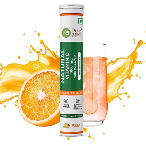 [BRSROBL7OINQYCDH] Pure Nutrition Vitamin C + Zinc, 20 Effervescent Tablets (20 x 1) Orange Flavour | 1000mg Amla Extract | Supports Acne Free Skin for Women & Men | Rich in Antioxidants | Boosts Energy & Immunity