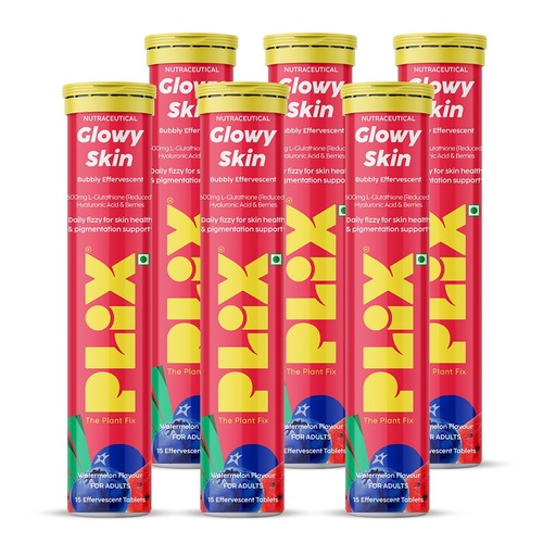[BRSRYZQYAF7GMEL2] PLIX THE PLANT FIX Glowy Skin Bubbly Effervescent for Clear-Looking, Hydrated & Youthful Skin | 600mg Glutathione, Vitamin E & Hyaluronic Acid | No Maltodextrin | Watermelon Flavour | Pack of 6