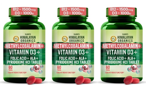 [BRSRYZD3CQNGY2DD] Vlado's Himalayan Organics Vitamin B12 1500mcg with D3 | Methylcobalamin Coenzyme Formula with Alpha Lipoic Acid & Folic Acid | Complete Nerve, Energy & Brain Supplement | 60 Tablets, Pack of 3