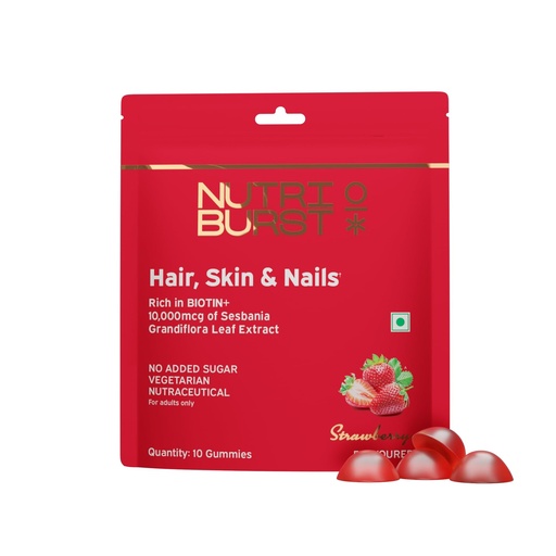 [BRSRABQQBABBG3I2] Nutriburst Biotin Gummies for Healthy Hair, Skin & Nails Growth | With High Potency 10000 mcg of Sesbania Extract Natural Biotin,Folic Acid & Multivitamins, No-Added Sugar, Strawberry Flavor | 10 Gummies