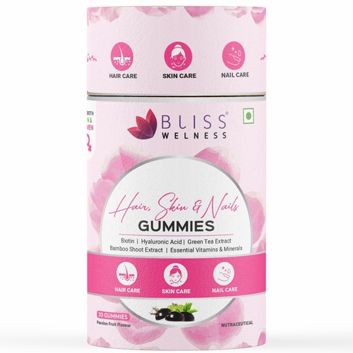 [BRSRMBADOEBRU3LG] Bliss Welness Hair, Skin & Nails Gummies with Biotin, Hyaluronic Acid, Green Tea Extract, Bamboo Shoot & Multivitamin and Minerals | Supports Hair Strength, Skin Hydration & Nail Health | Passion Fruit Flavor, 30 Gummies