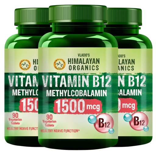 [BRSREBAPAVYBYELB] Vlado's Himalayan Organics Methylcobalamin Vitamin B12 1500mcg Supplement for Men & Women - 270 Veg Tablets (Pack of 3)