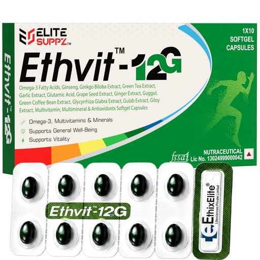 [BRSRYZY3O4HRG33B] Ethvit-12G, 10 Softgel Capsules | Omega-3, Ginseng, Ginkgo Biloba, Green Tea, Giloy, Garlic, Multivitamin, Multimineral & Antioxidants | Daily Nutritional Supplement for General Wellness