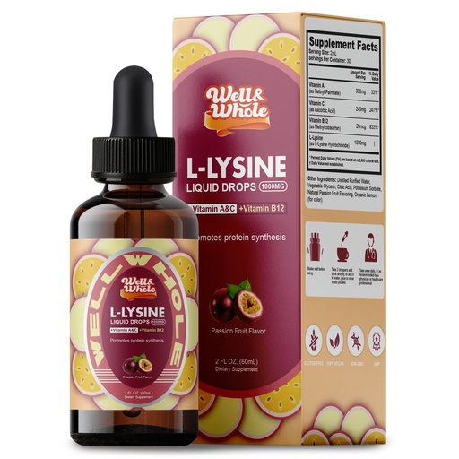 [BRSRAH3RB4MAAGTH] L-Lysine Supplement Liquid Drops | L-Lysine 1000mg Tincture with Vitamin A, C, and B12 for Adults & Kids | Immune Support, Skin & Lips Health, Collagen Synthesis | Non-GMO, Vegan, 2 Fl Oz (60 ML)