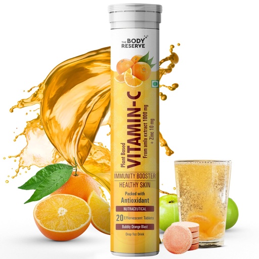 [BRSRA2QFOEMR6YDA] The Body Reserve Natural Vitamin C, Amla Extract With Zinc For Immunity, Skin Care, Antioxidants and Energy Boost, Orange Flavour 20 Effervescent Tablets (Pack Of 1)