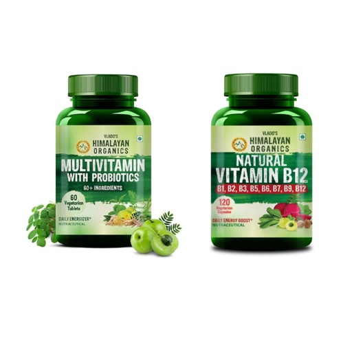 [BRSRYEAYOYBBA3T4] Vlado's Himalayan Organics Multivitamin with Probiotics 60 Veg Tablets + Plant Based Vitamin B12 120 Veg Capsules | Daily Multivitamin & B-Complex Combo | Supports Energy, Immunity, Brain & Overall We