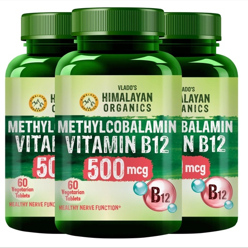[BRSREBAPCUHQOA3H] Vlado's Himalayan Organics Vitamin B12-500 mcg - Active form of Methylcobalamin Vitamin B12 Supplements for Men & Women (Pack of 3) - 180 Veg Tablets
