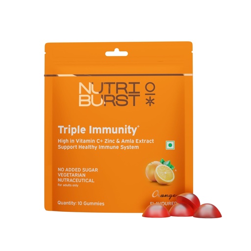 [BRSRABQQC4PBGAA2] Nutriburst Triple Immunity Gummies with Vitamin C, Zinc and Amla extract | No-Added Sugar | Orange Flavor | 100% Vegetarian | 10 Gummies