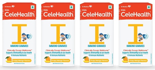 [BRSRMCAYOR5G22Y4] Dr. Reddy's CeleHealth Kidz Immuno Plus Multivitamin Gummies with Wellmune, Vitamin C & Zinc for Kids (4 - 12 Years) | Supports Immunity and Digestion | Pulpy Mango Flavour | 30 Gummies - Pack of 4 | 100% Vegetarian
