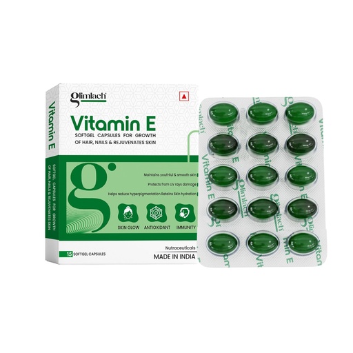 [BRSROGILAR6AGHTV] GLIMLACH Vitamin E Capsule for Glowing Face, Skin and Hair Nutrition, Vitamin E Capsule Pack with Nutrient-Rich Formulation for Face Care, Skin Care and Hair Care (15 Capsules Each) (Pack of 7)
