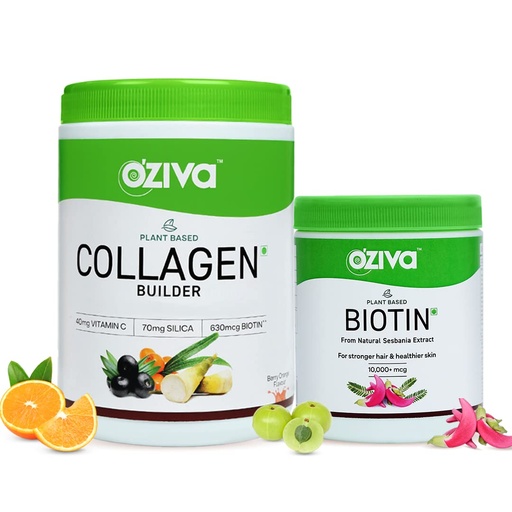 [BRSW2ZYBCUIQ4CQU] OZiva Plant Based Collagen Builder Powder (With Vitamin C) Berry Orange,250G & Plant Based Biotin 10000+ Mcg (With Natural Sesbania Agati Extract) For Stronger Hair & Healthier Skin,125G(Combo Pack)