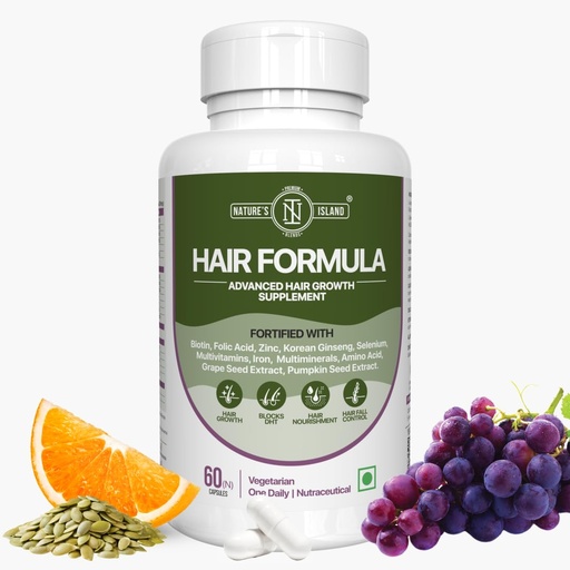 [BRSROCYROIOREHY2] Nature’s Island Hair Vitamins Capsules for Hair Growth & Hair Fall Control, Natural DHT Blocker & Biotin Capsules for Men & Women, Contains Biotin, Folic Acid, Zinc, Iron, Korean Ginseng, Vitamin A to E, Amino Acids, Selenium, Copper, 60 Days Pack