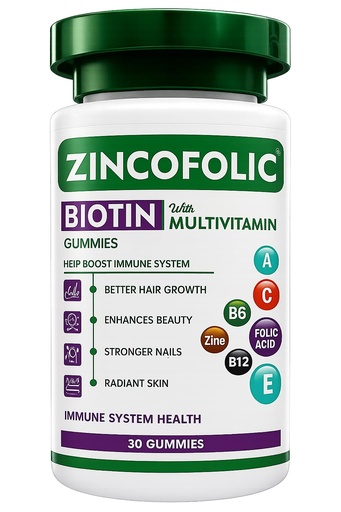 [BRSRY2YQCJ7WCDTK] Zincofolic Biotin Gummies | Hair, Skin & Nails Support | Daily Multivitamin Gummies for Men & Women | With Biotin, Zinc, Folic Acid & Vitamins A, C, E, B6, B12 | 30 Gummies