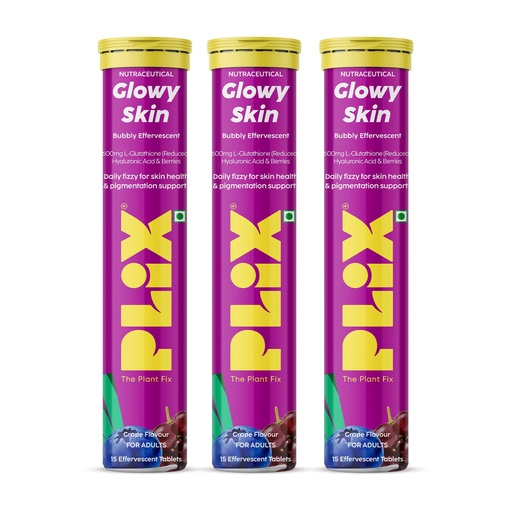[BRSRY2T2BMIQKCL2] PLIX THE PLANT FIX Glowy Skin Bubbly Effervescent for Clear-Looking, Hydrated & Youthful Skin | 600mg Glutathione, Vitamin E & Hyaluronic Acid | Grape Flavour (pack of 3)