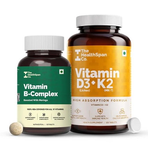 [BRSRGCQKOJ6A2FDZ] The Healthspan Co. Vitamin D3 K2 (MK7) 600 IU & Vitamin B-Complex with Moringa – 120 Veg Tablets Each | Supports Bone Strength, Immunity & Energy | Daily Wellness Supplement for Men & Women