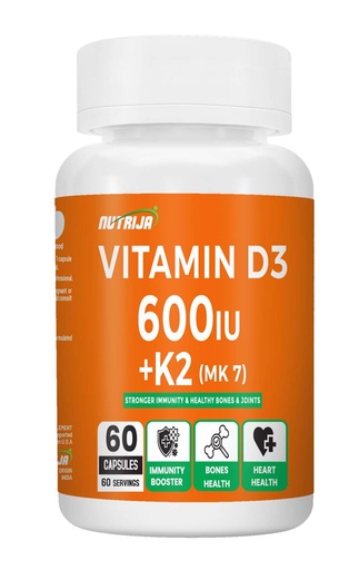 [BRSRACA7BYPR43D2] NutriJa Vitamin D3 600IU + K2 55mcg as MK7 Supplement 60 capsules - Stronger Immunity, Supports Bones, Joints & Heart Health