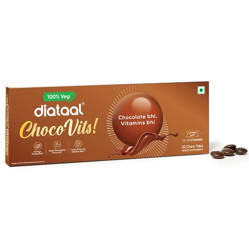 [BRSRGZQNAAFBOE3P] Diataal ChocoVits Veg Chewable Multivitamin | 10 Chocolaty Tabs with 11 Essential Vitamins | Power of B-complex vitamins, B12, D3, Nicotinamide, Vitamin A, C & E for Energy | Immunity | Healthy Skin.