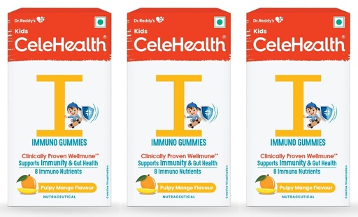 [BRSRMCAYOQIRO2Q6] Dr. Reddy's CeleHealth Kidz Immuno Plus Multivitamin Gummies with Wellmune, Vitamin C & Zinc for Kids (4 - 12 Years) | Supports Immunity and Digestion | Pulpy Mango Flavour | 30 Gummies - Pack of 3 | 100% Vegetarian
