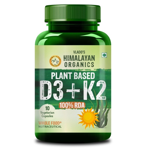 [BRSRGGLQAEPRQF3Z] Vlado’s Himalayan Organics Plant Based 600iU Supplement | Vitamin D3(Lichen) + K2(Menaquinone Mk7) - 10 Veg Capsule