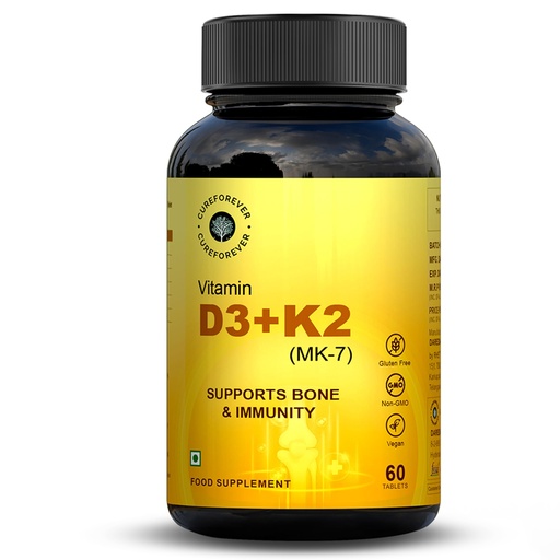 [BRSRABQCCMHGGCQ3] CUREFOREVER Vitamin D3 + K2 (MK-7) Tablets - Vegan Vitamin D Supplement Supports Bone & Immunity, Vitamin D3 K2 for Men & Women | High Absorption Vitamin D Tablets, 60 Days Serving