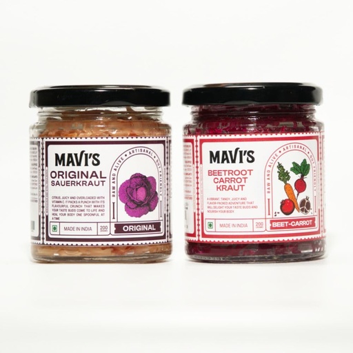 [BRSRMGQZORYAM3TP] MAVI's Sauerkraut | Original Sauerkraut and Beetroot Carrot Kraut | Combo Pack of 2 | 200g each | No Preservatives | Organic and Vegan | No Artificial Flavour or Colour