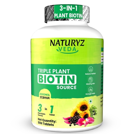 [BRSROBAFAAOW2ALB] NATURYZ VEDA Triple Plant Biotin for Hair growth | 100% RDA Biotin| Sesbania Agati | Suryamukhi |Jatamansi | Black pepper | Better Absorption with 3 Vegan Sources | Stronger & Increased Hair density | Shinier Nails | Glowing Skin - 90 Tablets