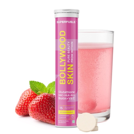 [BRSREBA2DICQI2TG] SUPERFUELS Bollywood Skin 500mg L Glutathione Tablets with HLA & ALA | Glowing Skin & Hair | Vitamin C, E, NAC & Biotin | Strawberry Flavor | No Added Sugar | 15 Effervescent Tablets