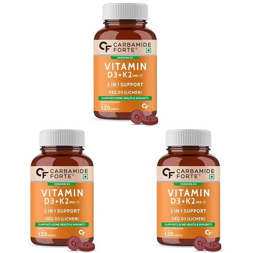 [BRSRAGL5C4NQG2YU] Carbamide Forte Vitamin D3 K2 MK7 | Plant Based Veg Vitamin D Supplement Lichen Source with Vitamin K2 MK7 Menaquinone for Men & Women - 120 Veg Tablets (Pack of 3)