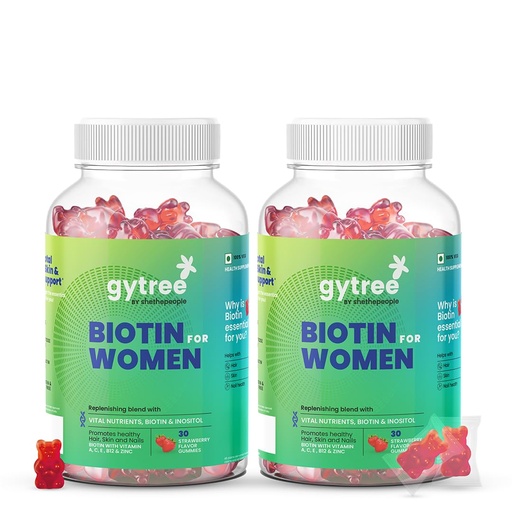 [BRSROHA2CQMAOHT5] Gytree Biotin Gummies for Complete Hair, Skin & Nail Support | With Vital Nutrients, Inositol & Vitamin C, A, E, B6, Folate, Zinc | Strawberry Flavour | No Gelatin, No Soy, Lactose Free (60 gummies)