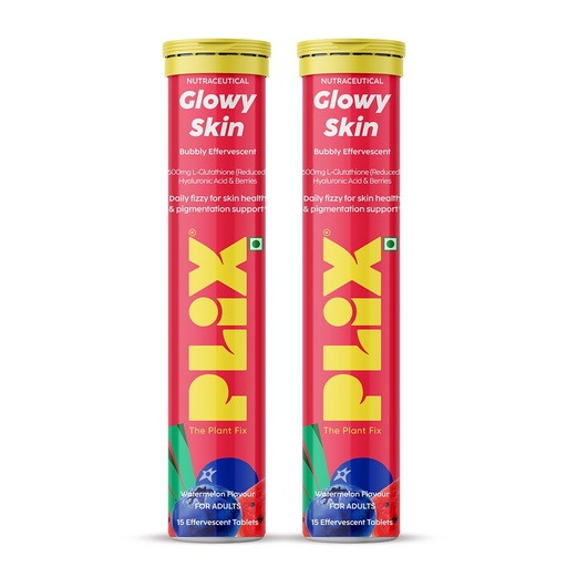 [BRSRYZQFCN5QA33K] PLIX THE PLANT FIX Glowy Skin Bubbly Effervescent for Clear-Looking, Hydrated & Youthful Skin | 600mg Glutathione, Vitamin E & Hyaluronic Acid | No Maltodextrin | Watermelon Flavour | Pack of 2