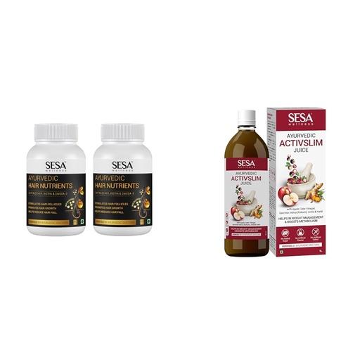[BRSRYYACOJYBY3I2] SESA Ayurvedic Hair Vitamins Biotin Tablets DHT Blocker 60 Capsules (Pack of 2) Plant based Gluten | SESA Ayurvedic Activslim Juice - 1L | Helps in Weight Management | Made with Apple Cider Vinegar |