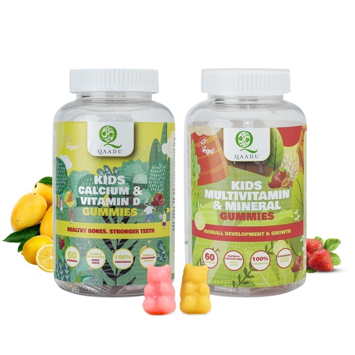 [BRSRMHAZCADWKF3X] Kids Multivitamin with Minerals Gummies + QAADU Calcium & Vitamin D Gummy 60pc Combo for Healthy Bones, Growth | Kids Multivitamin Supplements, Nutrients Booster