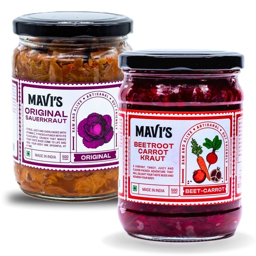 [BRSRMGQZOUIB6DLK] MAVI's Sauerkraut | Original Sauerkraut and Beetroot Carrot Kraut | Combo Pack of 2 | 500g each | No Preservatives | Organic and Vegan | No Artificial Flavour or Colour