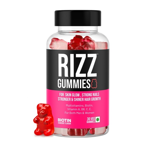 [BRSRAAI5AUNGKADH] Rizz Biotin Hair Gummies | Skin Glow & Stronger Nails | Enriched with Biotin,Zinc,Folic Acid,Vitamin B12, A, C, E | Cranberry Flavored | 100% Vegan & Nutrient-Rich Formula