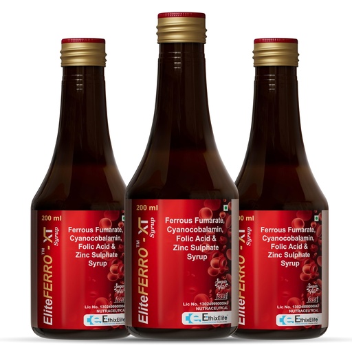 [BRSRYZIBDJ4GG2DD] EliteFERRO-XT Syrup 200ml, Pack of 3 | Iron Supplement with Ferrous Fumarate, Folic Acid, Vitamin B12 & Zinc | Sugar Free Nutraceutical Syrup | Daily Nutritional Support for Adults