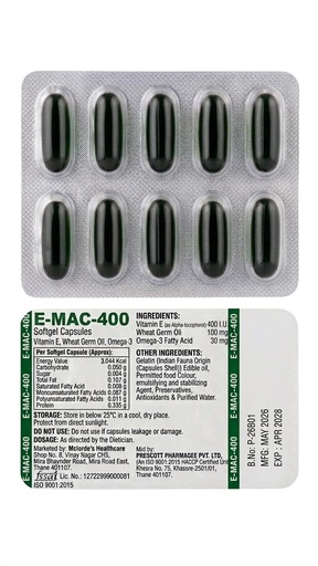 [BRSRYEIFAEOREDQZ] E-MAC-400 Vitamin E Capsules 400 IU with Wheat Germ Oil & Omega-3 - Antioxidant Supplement for Skin, Hair & Immunity Support(pack of 20 Capsules)