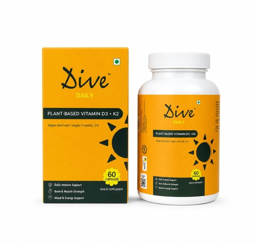 [BRSRYZTYCN7GMEI4] Dive Daily Plant-Based Vitamin D3 + K2 Capsules | 600 IU (15mcg) Vitamin D3 + 55mcg K2-7 MK7 | Vitashine Vegan D3 from Lichen | Supports Bone Health, Calcium Absorption, Immunity & Muscle Strength | 60 Capsules for Men & Women