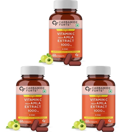 [BRSRAFQ5DIBWC3Y4] Carbamide Forte Natural Vitamin C Amla Extract 1000mg with Zinc for Immunity Boost & Skincare - 60 Veg Tablets (Pack of 3), 540 Grams