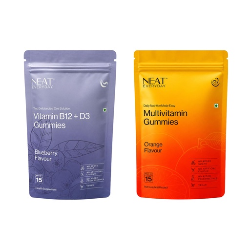 [BRSRYZAEOV6AEDL2] NEAT EVERYDAY Vitamin B12 + D3 & Multivitamin Gummies Combo | Daily Energy & Nutrition | No Added Sugar | Vegan | 15 Gummies Each