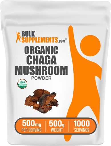 [BRSROZYLPMJRY2DP] BulkSupplements.com Organic Chaga Mushrooms Powder - Chaga Mushroom Supplement, Superfood Supplement - Vegan & Gluten Free, 500mg per Serving, 500g (1.1 lbs) (Opakowanie 1)