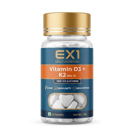 [BRSRYEAROQPA2DLB] EX1 Vitamin D3 K2 Supplement | Vegan Vitamin D (Lichen) 600 IU + 55 mcg K2 MK7 | for Stronger Bones, Immunity & Calcium Absorption | 60 Veg Tablets