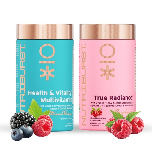 [BRSROBINOIGQMGT2] Nutriburst Beauty and Wellness Combo: Health & Vitality Multivitamin Gummies + True Radiance Collagen Builder Gummies for Complete Nutrition, Glowing Skin & Overall Wellness | Supports Beauty & Immunity | No Added Sugar (Pack of 2X60)