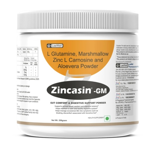 [BRSRYYAECEJQKET7] Zincasin -GM (LeeWell) L-GLUTAMINE Pure Powder for Gut health, Zinc carnosine, Aloe Vera, Marshmallow | Gut Lining Repair Support | Support Gut Permeability, Leaky Gut, Intestine Lining, Ulcer Health - 250g Powder